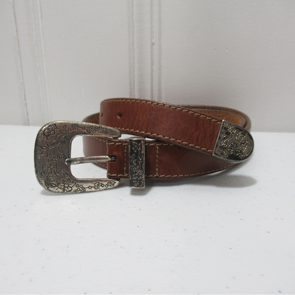 Vintage 1990 Brown Leather Western Belt With Floral Buckle